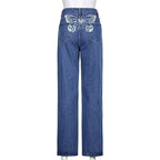 Cute 90s Buttery Print Casual Baggy Straight High Waist Mom Blue Denim Jean Bottom Pant Aesthetic E-Girl Kawaii Korean Japanese Harajuku Streetwear
