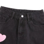 Cute Vintage Pink Heart Print Black Denim Jeans Straight High Waist Long Trouser Pants Autumn Casual E-Girl Kawaii Korean Japanese Harajuku Streetwear