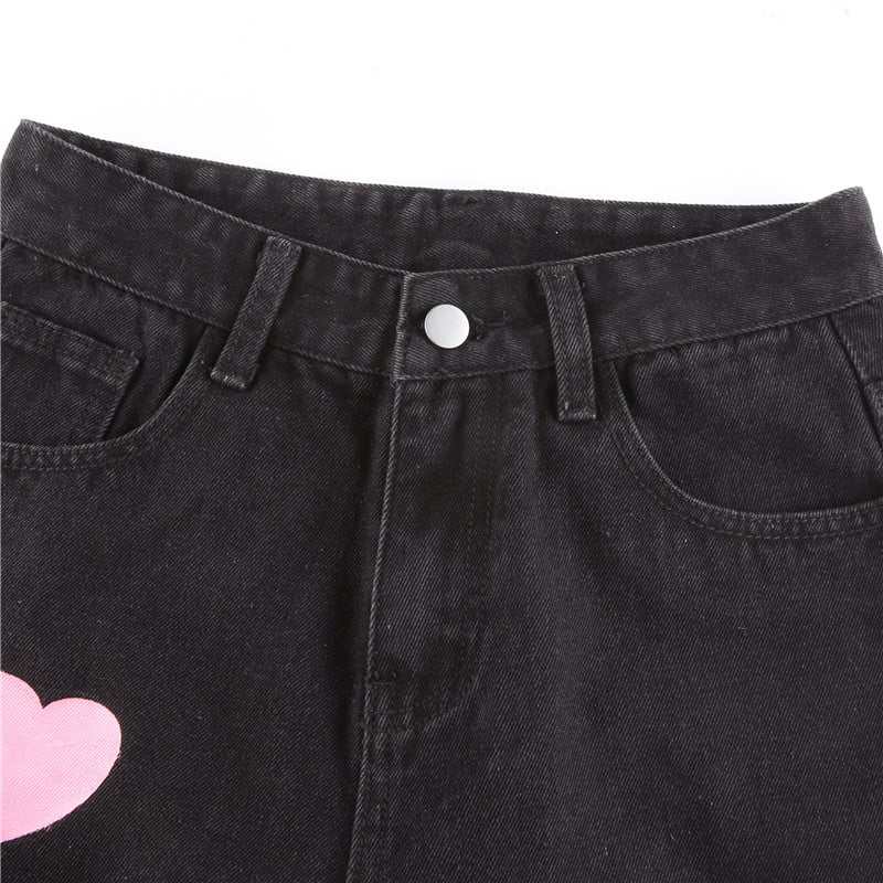 Cute Vintage Pink Heart Print Black Denim Jeans Straight High Waist Long Trouser Pants Autumn Casual E-Girl Kawaii Korean Japanese Harajuku Streetwear