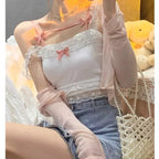 Cute Sweet Lace Bow Sling Crop Top Sleeveless Shirt 90S Summer Aesthetic Casual E-Girl Kawaii Korean Japanese Harajuku