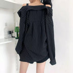 Cute Black Vertical Stripe Buckle Off Shoulder Long Sleeve Shirt Blouse Aesthetic Casual E-Girl Kawaii Korean Japanese Harajuku
