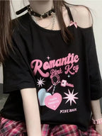 Sweet Pink Print Off Shoulder Short Sleeve T-shirt