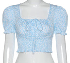 Cute Floral Butterfly Puff Tie Up Crop Top Short Sleeve Shirt Tee T-shirt Kawaii Korean Japanese Harajuku Chinese Retro Streetwear Aesthetic Fashion