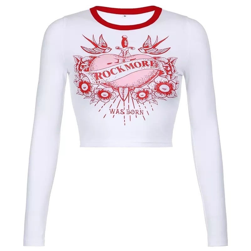 Cute Retro Rock Heart Aesthetic Print Crop Top Long Sleeve Shirt Tee T-shirt Punk Goth Summer Casual E-Girl Kawaii Korean Japanese Harajuku Streetwear