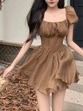 Brown Squares Neck Puff Sleeve Dress