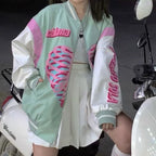 Retro Vintage Pastel Heart Ribs Print Oversized Long Sleeve Zipper Hoodie Sweatshirt Aesthetic Casual E-Girl Kawaii Korean Japanese Harajuku