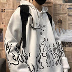 White Black Flame Fire Cartoon Casual Loose Oversized Hoodie Sweater Sweatshirt Long Sleeve Pullover E-Girl Kawaii Korean Japanese Harajuku Streetwear