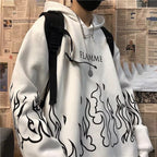 White Black Flame Fire Cartoon Casual Loose Oversized Hoodie Sweater Sweatshirt Long Sleeve Pullover E-Girl Kawaii Korean Japanese Harajuku Streetwear