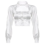 Cute White Silk Hollow Out Collar Cropped Top Long Sleeve Shirt Blouse Elegant Aesthetic Casual E-Girl Kawaii Korean Japanese Harajuku