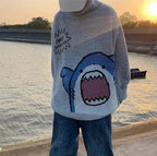 Cute Funny Shark Cartoon Knit Turtleneck Oversized Sweater Pullover Winter Aesthetic Casual Kawaii Korean Japanese Harajuku