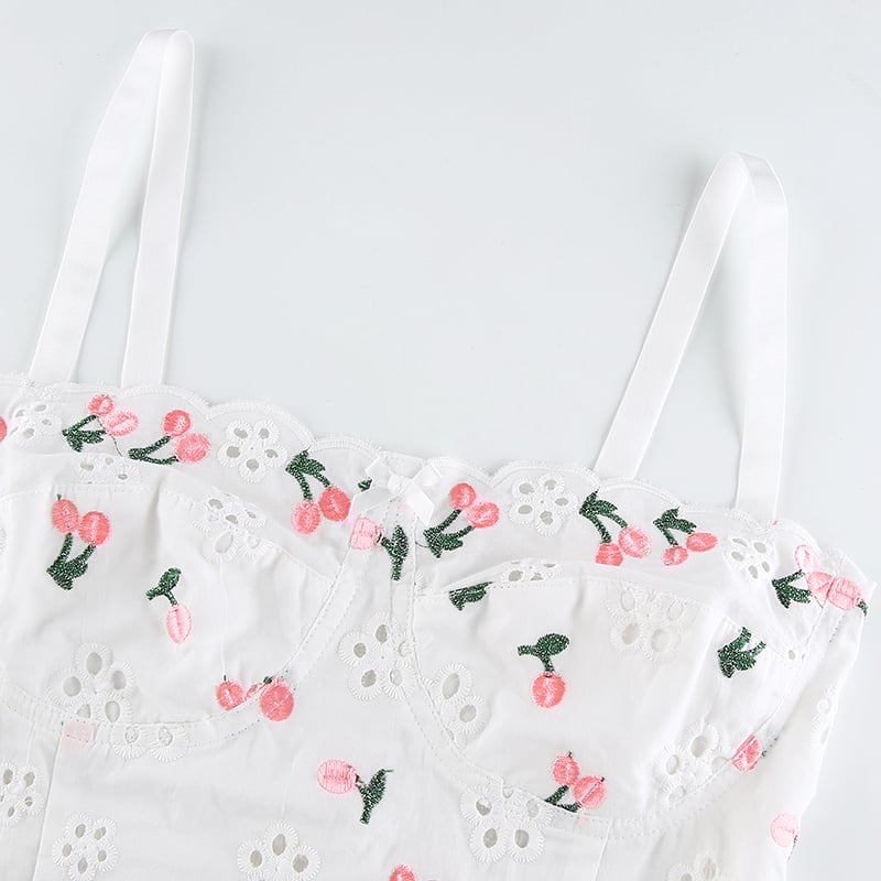 White Cherry Floral Embroidery Milkmaid Corset Top Summer Aesthetic Casual E-Girl Kawaii Korean Japanese Harajuku