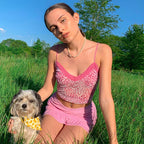 Cute Sexy Pink Patchwork Lace Leopard Party Club Crop Top Shirt Tee T-shirt E-Girl Kawaii Korean Japanese Harajuku Chinese Retro Streetwear Aesthetic