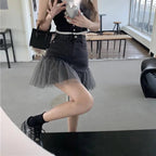 Black Tulle Patchwork Denim Skirt