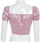 Cute Vintage Pink Silky Satin Short Sleeve Shirt Crop Top Lace Up Elegant Aesthetic Casual Summer E-Girl Kawaii Korean Japanese Harajuku