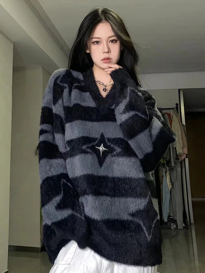 Grey & Black Star Striped Sweater