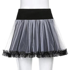 Sexy Goth Dark Punk Mesh A Line Skirt Lace Up Patchwork Ribbon Lace Trim High Waisted Summer Casual E-Girl Kawaii Korean Japanese Harajuku Streetwear