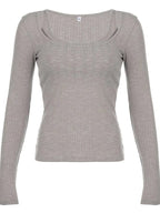 Grey Ribbed 2PCS Long Sleeve Shirt