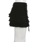 Black Denim Pleated Low Waist Irregular Mini Skirt