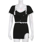 Cute Sweet Sexy 2pcs Lace Trim Split Dress Set + Short Sleeve Cardigan Crop Top Aesthetic Casual E-Girl Kawaii Korean Japanese Harajuku