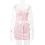 2PCS Sweet Pink Bow Sleeveless Lace Top + Skirt