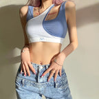 Cute Blue Patchwork Crop Top Sleeveless Shirt Tank Vest Party Club Summer Aesthetic Casual E-Girl Kawaii Korean Japanese Harajuku