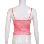 Pink Floral Mesh Sheer V-Neck Crop Top
