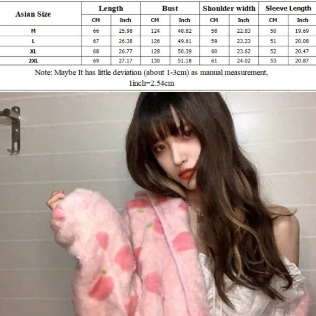 Cute Sweet Pink Peach Plush Oversized Thick Warm Jacket Zipper Hoodie Sweater Winter Autumn Aesthetic Casual E-Girl Kawaii Korean Japanese Harajuku