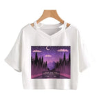 Cute Vintage Mountain Road Moon Night Sky Print Crop Top Short Sleeve Shirt Aesthetic Casual E-Girl Kawaii Korean Japanese Harajuku