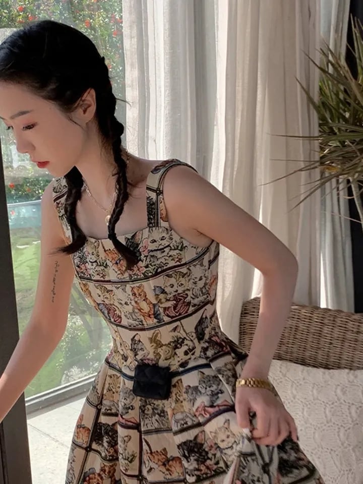 Cat Print A-Line Dress