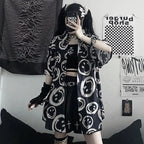 Black Smiley Happy Face Cartoon Print Button Down Oversize Short Sleeve Shirt Goth Aesthetic Casual Summer E-Girl Kawaii Korean Japanese Harajuku
