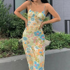 Floral Square Collar Long Bodycon Dress