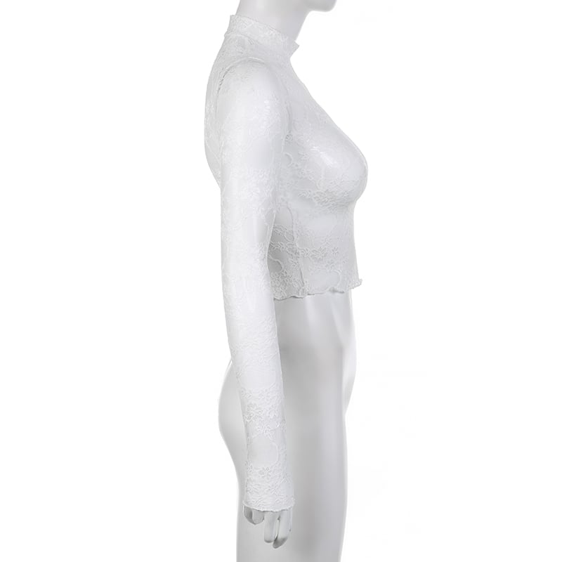 White Transparent Lace Turtleneck Crop Top