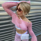 Pink Hollow Out Fishnet Long Sleeve Shirt