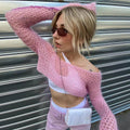 Pink Hollow Out Fishnet Long Sleeve Shirt