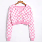 Cute Plaid Checkered Crop Sweater Cardigan Top Long Sleeve Knit E-Girl Kawaii Korean Japanese Harajuku Chinese Retro Streetwear Aesthetic