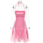 Pink Satin Halter Tie Mini Dress