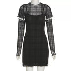 Cute Black Patchwork Plaid Detachable Sleeves Mini Dress Summer Aesthetic Casual E-Girl Kawaii Korean Japanese Harajuku