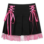 Cute Vintage Lace Trim Ribbon Bow Tie Up Pleated High Waisted Skirt Punk Goth E-Girl Kawaii Korean Japanese Harajuku Streetwear