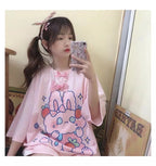 Cute Pastel Pink Sweet Rabbit Crying Strawberry Print Oversized Short Sleeve Shirt Aesthetic Casual E-Girl Kawaii Korean Japanese Harajuku