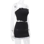 2PCS Black & White Strapless Top + Pleated Mini Skirt