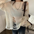 White Hole Ripped Long Sleeve Sweater