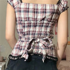 Plaid Ruffle Square V Neck Short Sleeve Top