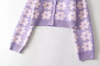 Cute Vintage 90s Purple Pink Flowers Cardigan Long Sleeve Shirt Top V Neck Sweater Jumper Aesthetic E-Girl Kawaii Korean Japanese Harajuku Streetwear