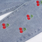 Cute Sweet Vintage Cherry Embroidery Light Washed Blue Denim Jeans High Waisted Cargo Slim Bottom E-Girl Kawaii Korean Japanese Harajuku Streetwear