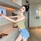Cute Stripe Knit Cropped Tank Top Spaghetti Strap Camisole Sleeveless Shirt T-shirt Top E-Girl Kawaii Korean Japanese Harajuku Streetwear
