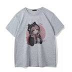 Cute Cat Anime Girl Cartoon Print Oversized Loose Short Sleeve Shirt Tee T-shirt Summer Casual E-Girl Kawaii Korean Japanese Harajuku Streetwear