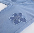 Cute Vintage Floral Patchwork Blue Denim High Waisted Jeans Pants Trouser Aesthetic Casual Summer E-Girl Kawaii Korean Japanese Harajuku