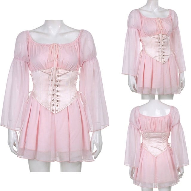Cute Dreamy Pink White Corset Cottagecore Chiffon Slash Mini Dress Long Bell Sleeve Bandage Sundress Kawaii Korean Japanese Harajuku Streetwear