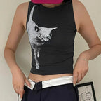 Black Cat Graphic Print Crop Top