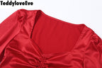 Cute Sexy Red Chiffon Low Cut Crop Top Long Sleeve Shirt Tee T-shirt E-Girl Kawaii Korean Japanese Harajuku Chinese Retro Streetwear Aesthetic